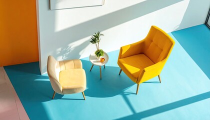 Two Armchairs Yellow and Beige Sit Opposite Each Other In A Bright Room With Blue Floor And Sunlight Shadows
