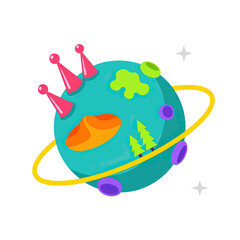 Fototapeta premium A vibrant cartoon planet with a yellow ring, featuring colorful landforms, green trees, pink spires, and purple craters, against a white background with stars.