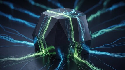 Tech Core: A futuristic, hexagonal structure pulses with energy, showcasing the intricate flow of information and interconnectedness in a high-tech environment.