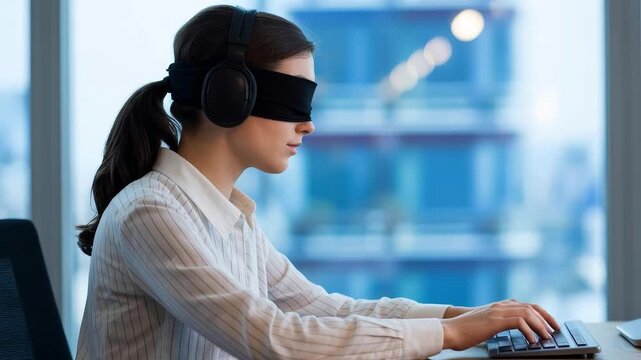 A woman wearing headphones and a blindfold typing on a keyboard.