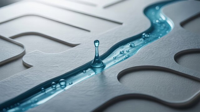 Waterdrop in Labyrinth: A captivating high-angle shot captures the essence of water and maze, showcasing a solitary waterdrop poised at the center, as the water channels navigate intricate pathways. - Powered by Adobe
