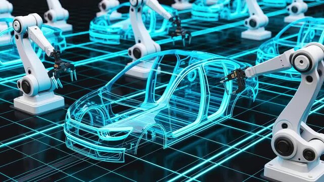 Robotic assembly line with digital car outlines in a factory setting.
