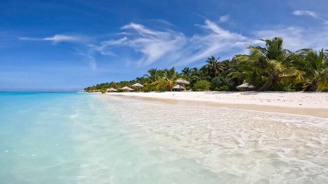 Idyllic tropical beach scene with white sand, palm trees, straw umbrellas, and clear turquoise water under a bright blue sky.	Beach