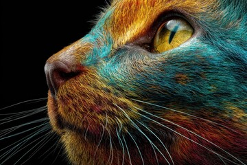 Closeup portrait of an expressive cat showcasing vibrant colors in its fur against a dark background, capturing intricate details of its features and the soul behind its gaze for a stunning effect