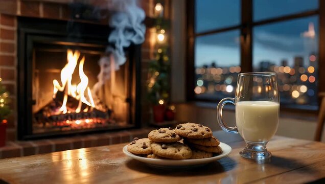 Cozy Cookies and Milk Fireplace with City Lights