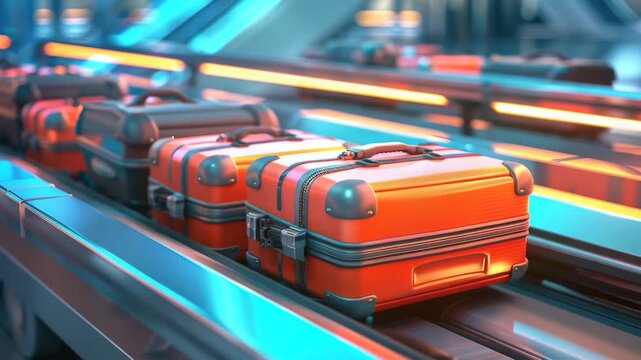Video Orange suitcases waiting to be scanned at airport security checkpoint