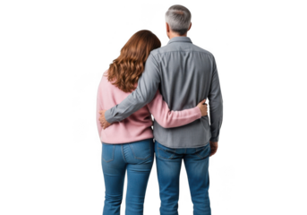 Couple embracing and looking into the distance, isolated on transparent background grainy