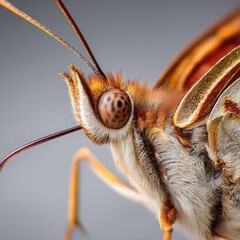 Macro shot of the eye and antenna of a beautiful brown butterfly