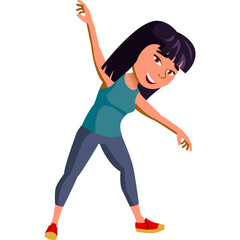 Young Asian woman with dark hair in a teal tank top and grey leggings performs a dynamic dance move with a joyful expression against a clean white background