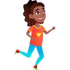 Young Black Girl With Braided Hair Running Joyfully Wearing Orange TShirt With Yellow Heart And Blue Gradient Pants White Background Transparent Background