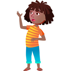 Young Black Girl Wearing A Striped Orange Shirt And Blue Jeans Standing With One Hand Raised In A Questioning Pose