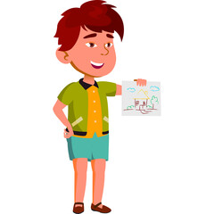 Young Asian boy with brown hair wearing a green shirt and blue shorts proudly displays his colorful drawing on white paper with a transparent background