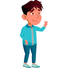 Young Asian Boy In A Blue Tracksuit Waving Hello While Standing Against A Transparent Background Full Body Shot Studio Portrait