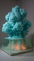 burst captured midair with vibrant teal ink spreading into surrounding water