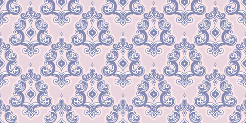 Elegant seamless damask pattern in soft pink and lilac hues. Vintage baroque ornament perfect for romantic textiles, wallpapers, wedding invitations, and luxury packaging designs