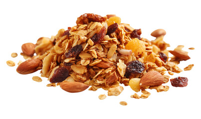 A generous mound of toasted granola clusters featuring almonds and oats, ideal for breakfast bowls or healthy snacks. Fresh, crunchy texture conveys energy, warmth, and wholesome nutrition.