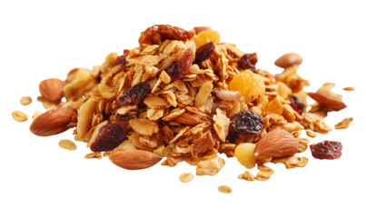 A generous mound of toasted granola clusters featuring almonds and oats, ideal for breakfast bowls or healthy snacks. Fresh, crunchy texture conveys energy, warmth, and wholesome nutrition.