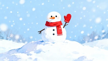 Obraz premium Cheerful snowman in a winter landscape with falling snowflakes and a bright blue sky.