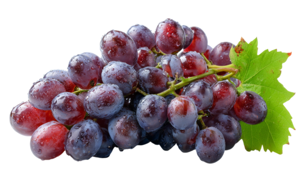 A close-up of juicy red grapes, adorned with water droplets, creating a fresh and appetizing presentation isolated on transparent background. PNG, cutout for food and drink-related themes.