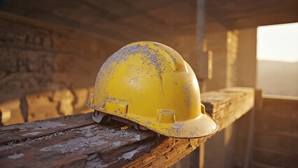 Worn Yellow Construction Helmet Covered In Concrete Debris On Site Beam. Protective Gear Used For Worker Safety During Heavy Manual Work