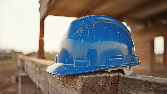 Blue Construction Safety Helmet On Timber Beam In Sunlight. Protective Gear For Worker Safety In Outdoor Industrial Building Zone