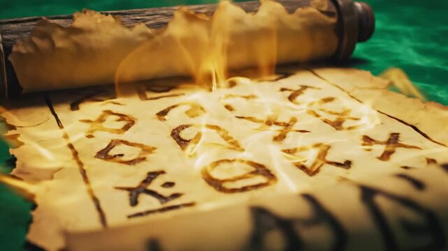 Ancient scroll reveals mysterious symbols with a glowing center, on a green surface