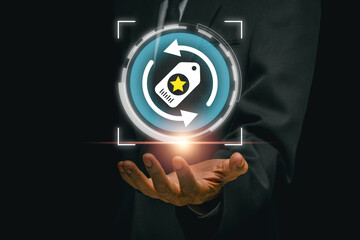 Visual representation of rebranding with a digital tag and businessman hand, symbolizing modern...
