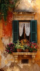 color window with green shutters partially open revealing lace curtains and potted flowers