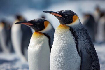 Groups of emperor penguins calmly standing in the snowy landscape of Antarctica during a bright day, showcasing their distinctive orange and black markings
