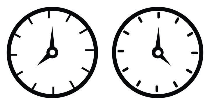 Wall clock icons set with hour and minute hands for time, schedule, and deadline management