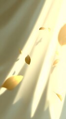 background with scattered golden dust particles shimmering against pale ivory backdrop filled with light