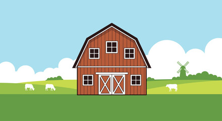 A cheerful flat design illustration showcasing a classic red barn in a peaceful farm landscape with grazing cows, green fields, and a windmill.