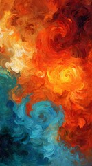 art background with swirling brushstrokes blending warm reds, cool blues, and golden highlights