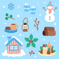 Fototapeta premium Winter elements set with snowflakes, gloves, snowman, eucalyptus leaves, cookies and hot choco, lantern, dry branch, wood, cozy house, holly berry, winterberry, candle with pine seed and leaves
