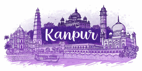 Obraz premium Kanpur Skyline Sketch with Cultural Heritage Touch Featuring JK Temple, Allen Forest Zoo, Phool Bagh, and Ganga Barrage – Perfect for Tourism, Posters, and Wall Art
