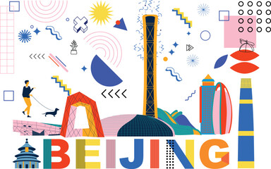 Typography word Beijing branding technology concept. Collection of flat vector web icons. Chinese culture travel set, architectures, specialties Memphis silhouette. Doodle China famous landmarks.
