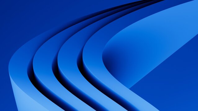Abstract wavy curved 3d render. Blue soft layers of plastic with lines, folds, ruffles. Modern wallpaper, texture pattern.