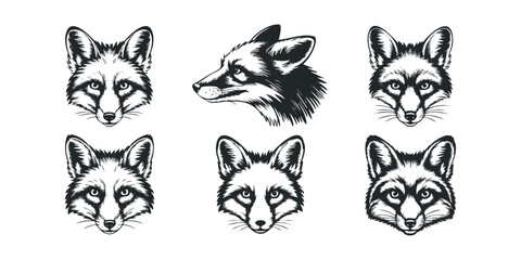 Six Stylized Fox Heads in Sketch Style