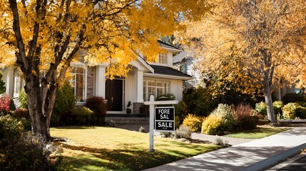 Residential property stands ready for new ownership surrounded by vibrant autumn foliage