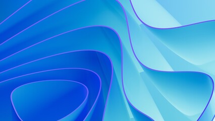 Abstract wavy curved 3d render. Blue soft layers of plastic with lines, folds, ruffles. Modern...