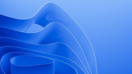 Abstract wavy curved 3d render. Blue soft layers of plastic with lines, folds, ruffles. Modern wallpaper, texture pattern.