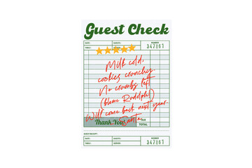 Funny Santa's Milk and Cookies Review on a Christmas Themed Guest Check Illustration Sublimation Design