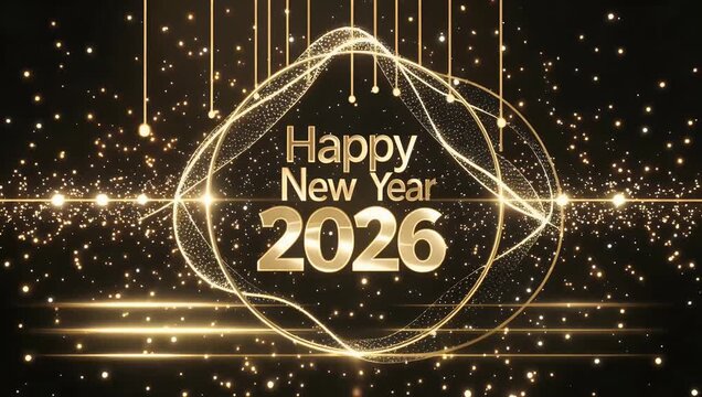 a bright futuristic 4k video symbolizing beginning 2026 glowing neon lines spelling happy new year digital virtual interface representing growth finance innovation festive modern business celebration