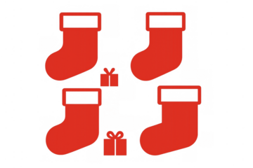 Red christmas stockings and gift icons creating a festive holiday pattern for winter celebration on transparent background