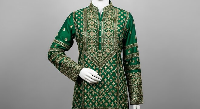 Green Silk Kurti with Intricate Gold Embroidery on Mannequin 