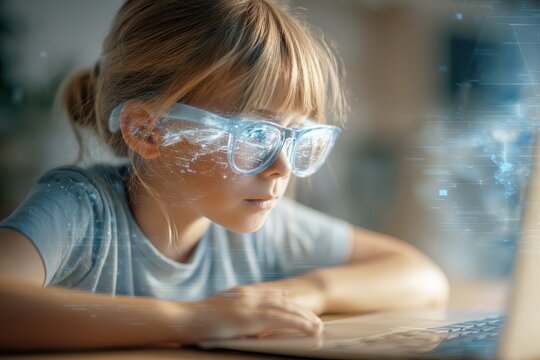 Young student engaged in interactive online learning using a laptop in a digital classroom setting with futuristic elements and virtual overlays around her