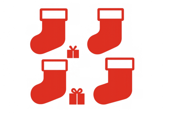 Red christmas stockings and gift icons creating a festive holiday pattern for winter celebration on transparent background