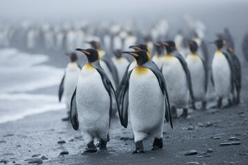 Obraz premium Numerous king penguins walk along the beach at St Andrew, showcasing their distinctive black and white plumage against a foggy backdrop