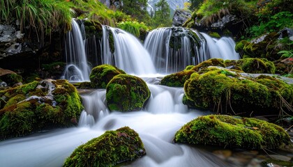 Cascading Waterfall Over Moss Covered Rocks With Bright Green Foliage And Sparkling Lights In A Forest During Daylight