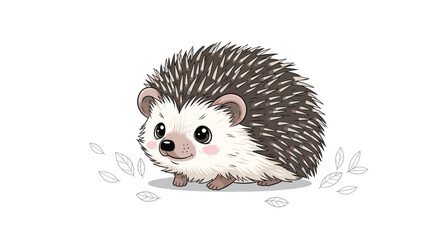A cute and friendly cartoon hedgehog with spiky quills and a sweet expression, standing amidst scattered line-art leaves on a white canvas.